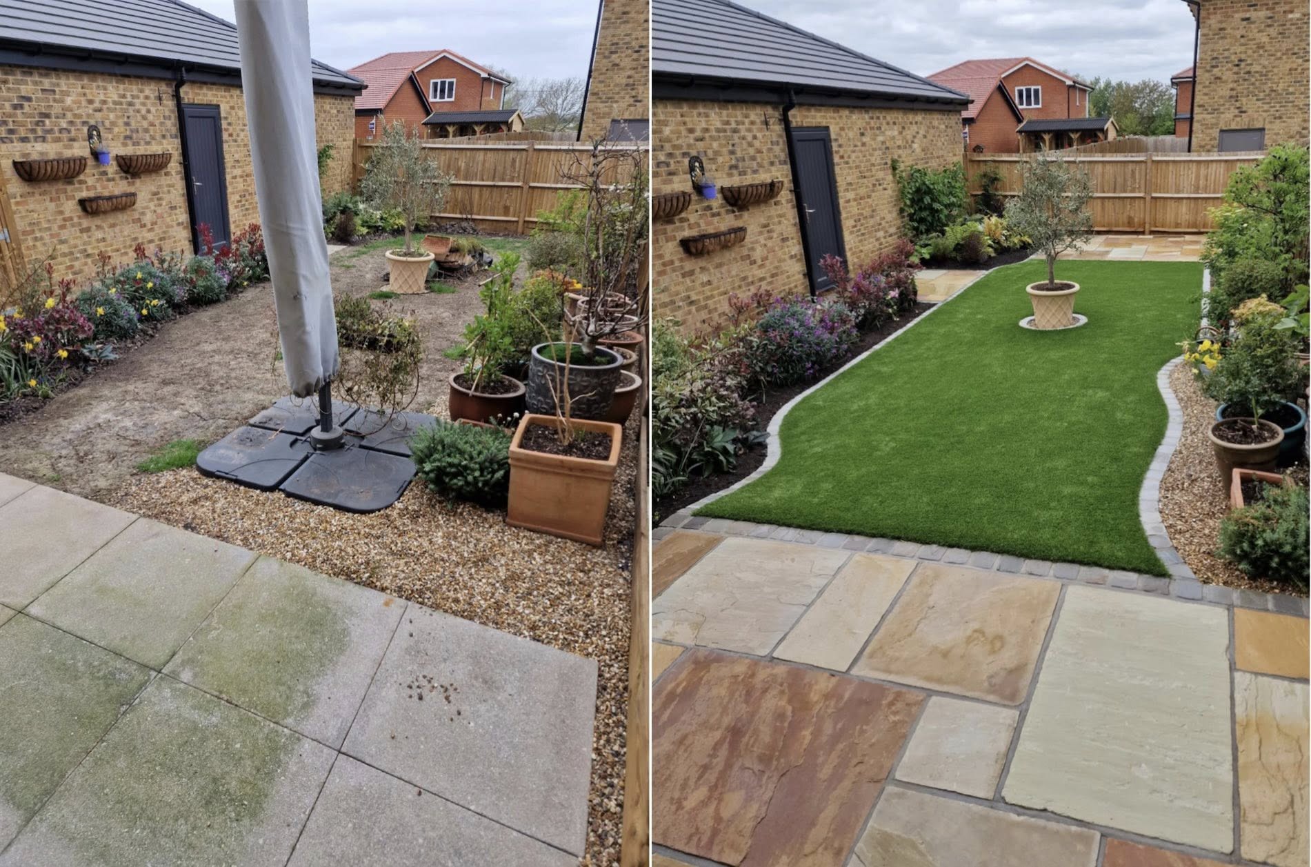 Before and after shots new lawn, new patio complete garden landscaping