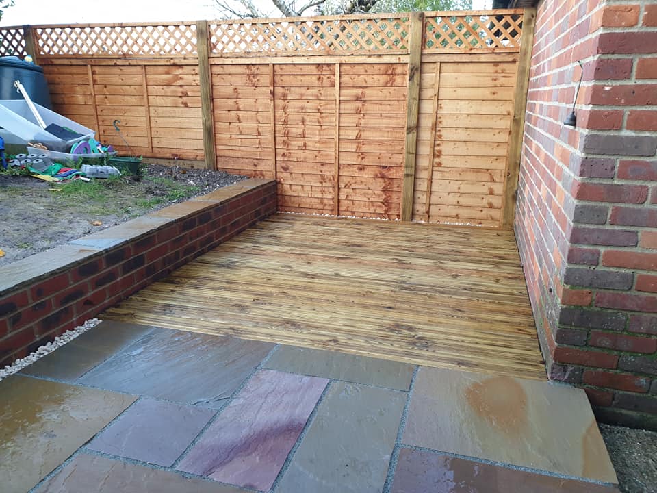 Decking, patio, fencing and brick wall and steps landscaping, Kent